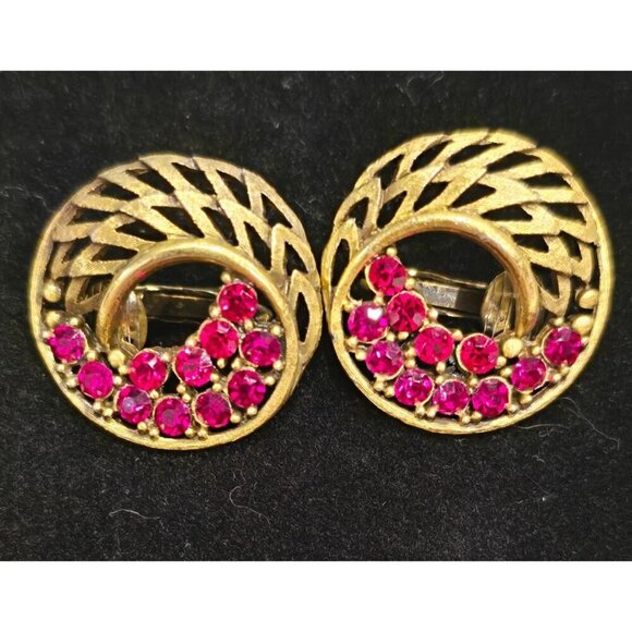 Vintage Mid-Century Gold-Tone Clip-On Earrings Red Rhinestones Circular Design - Picture 2 of 8
